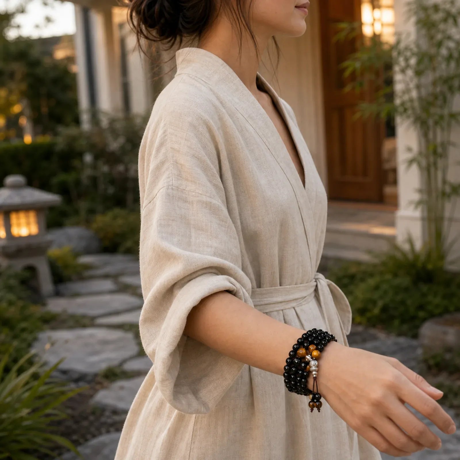 Black Obsidian Tiger Eye Blessing Mala Bracelet featuring Black Obsidian, Tiger Eye