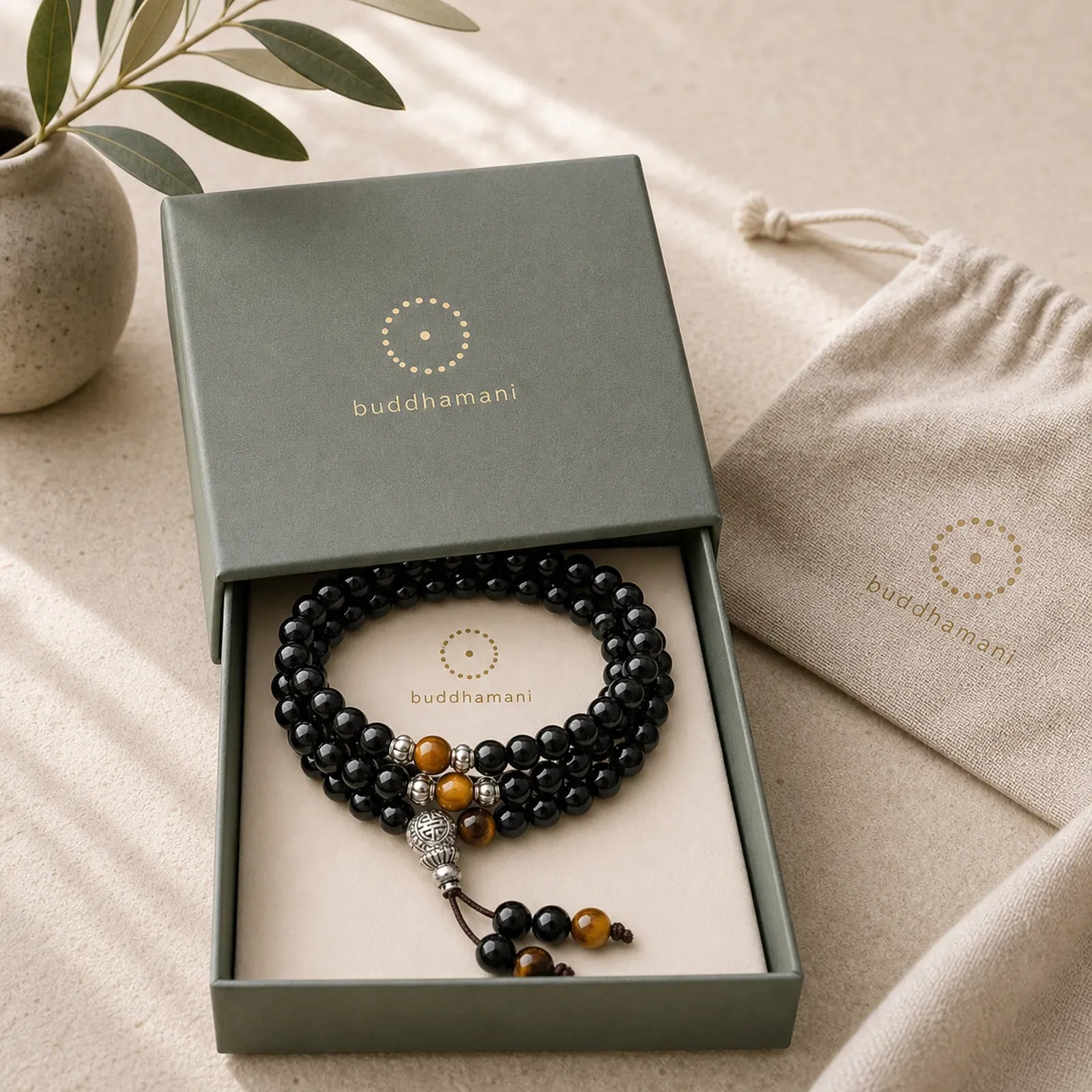 Black Obsidian Tiger Eye Blessing Mala Bracelet featuring Black Obsidian, Tiger Eye