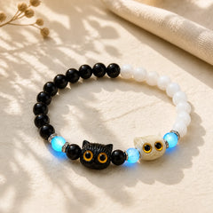 Black Obsidian White Chalcedony Big-Eye Cat Head Purity Bead Bracelet featuring Black Obsidian, Chalcedony, Ebony Wood