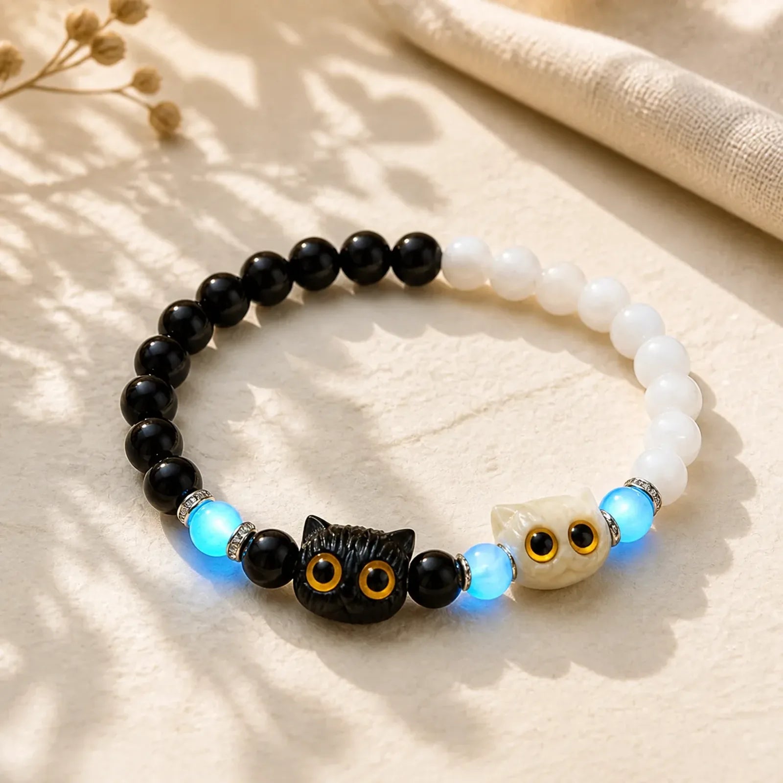 Black Obsidian White Chalcedony Big-Eye Cat Head Purity Bead Bracelet featuring Black Obsidian, Chalcedony, Ebony Wood