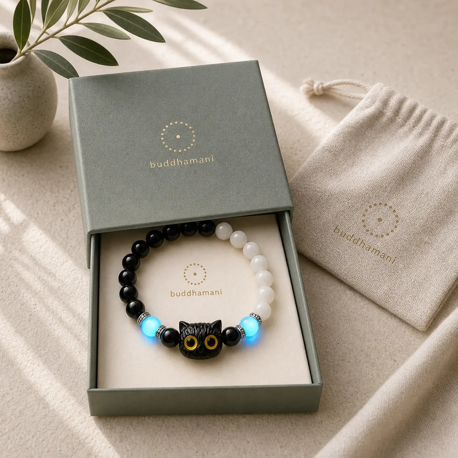 Black Obsidian White Chalcedony Big-Eye Cat Head Purity Bead Bracelet featuring Black Obsidian, Chalcedony, Ebony Wood