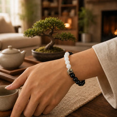 Black Obsidian White Porcelain Beads Yin Yang Fulfilment Bracelet featuring Black Obsidian, White Porcelain, Yin Yang Symbol