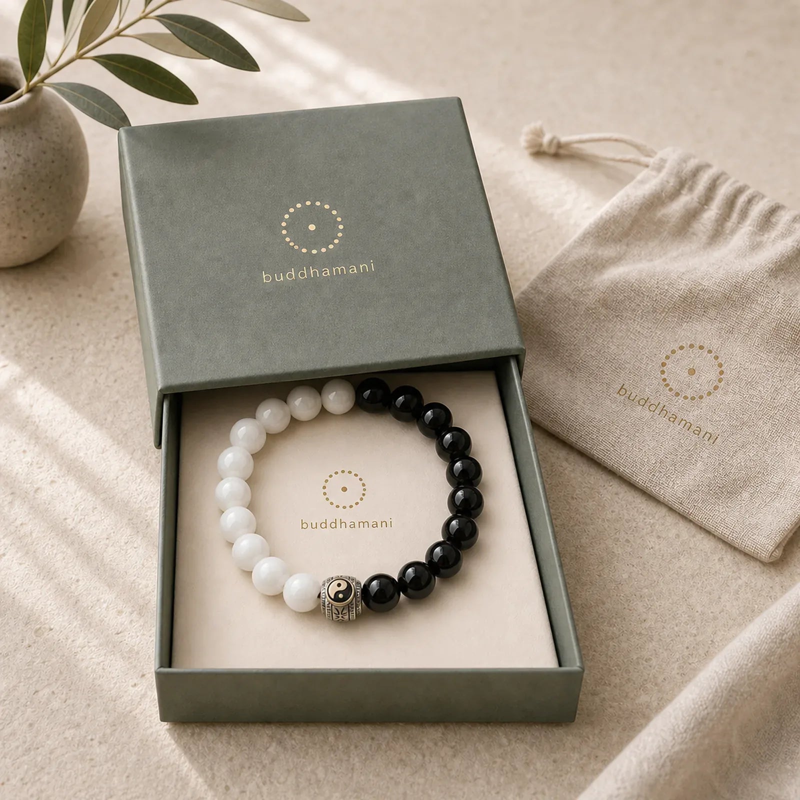 Black Obsidian White Porcelain Beads Yin Yang Fulfilment Bracelet featuring Black Obsidian, White Porcelain, Yin Yang Symbol