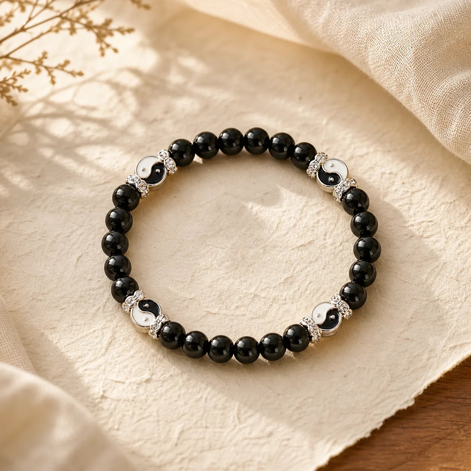 Black Obsidian Yin Yang Balance Round Charm Bracelet featuring Black Obsidian, Yin Yang Symbol, Copper