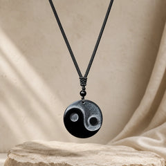 Black Obsidian Yin Yang Balance Round Pendant Necklace featuring Black Obsidian, Yin Yang Symbol