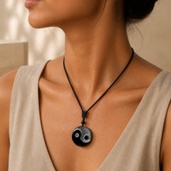 Black Obsidian Yin Yang Balance Round Pendant Necklace featuring Black Obsidian, Yin Yang Symbol
