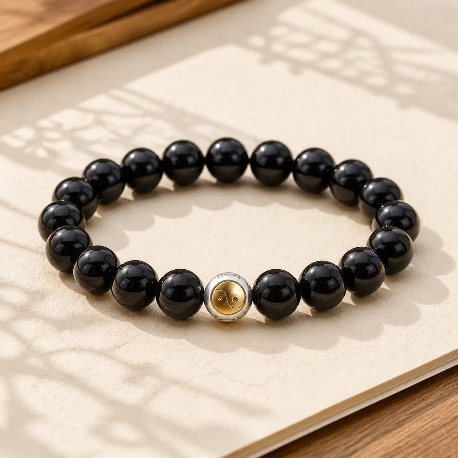 Black Obsidian Yin Yang Balance Vintage Round Beaded Bracelet featuring Black Obsidian, Copper, Yin Yang Symbol