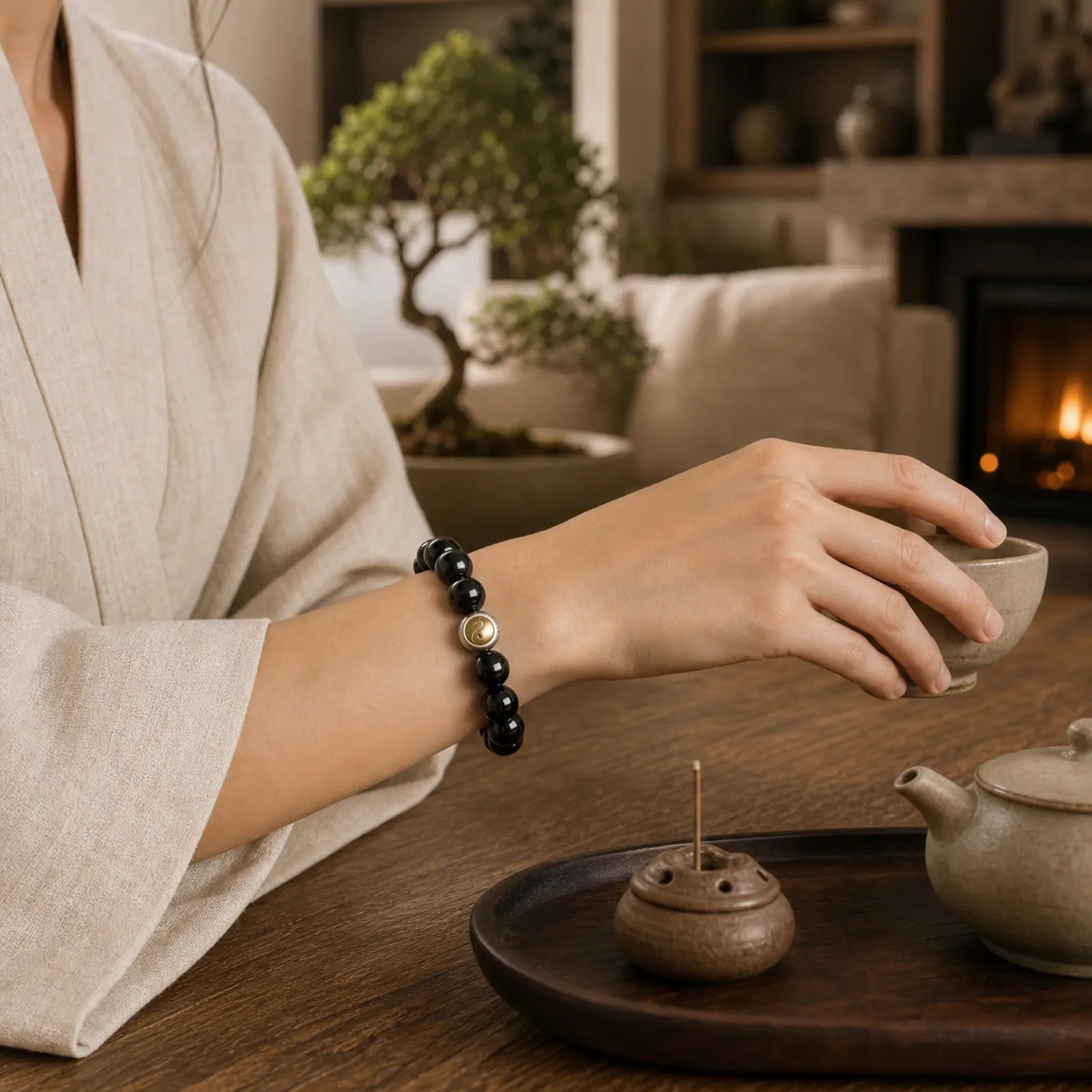 Black Obsidian Yin Yang Balance Vintage Round Beaded Bracelet featuring Black Obsidian, Copper, Yin Yang Symbol