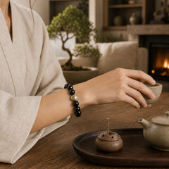 Black Obsidian Yin Yang Balance Vintage Round Beaded Bracelet featuring Black Obsidian, Copper, Yin Yang Symbol