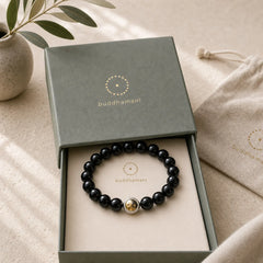 Black Obsidian Yin Yang Balance Vintage Round Beaded Bracelet featuring Black Obsidian, Copper, Yin Yang Symbol