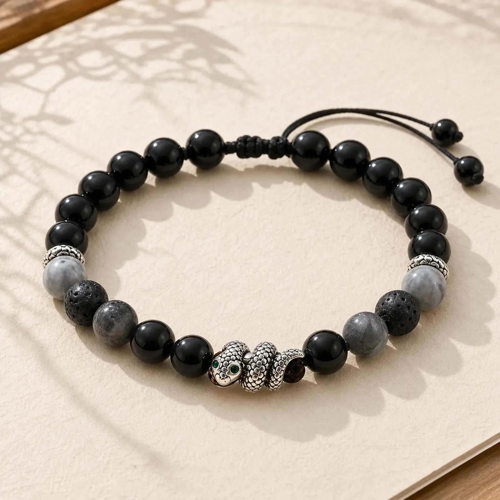 Black Onyx Black Glitter Stone White Agate White Turquoise Year Of The Snake Protection Bracelet featuring Black Onyx, Black Glitter Stone, White Agate