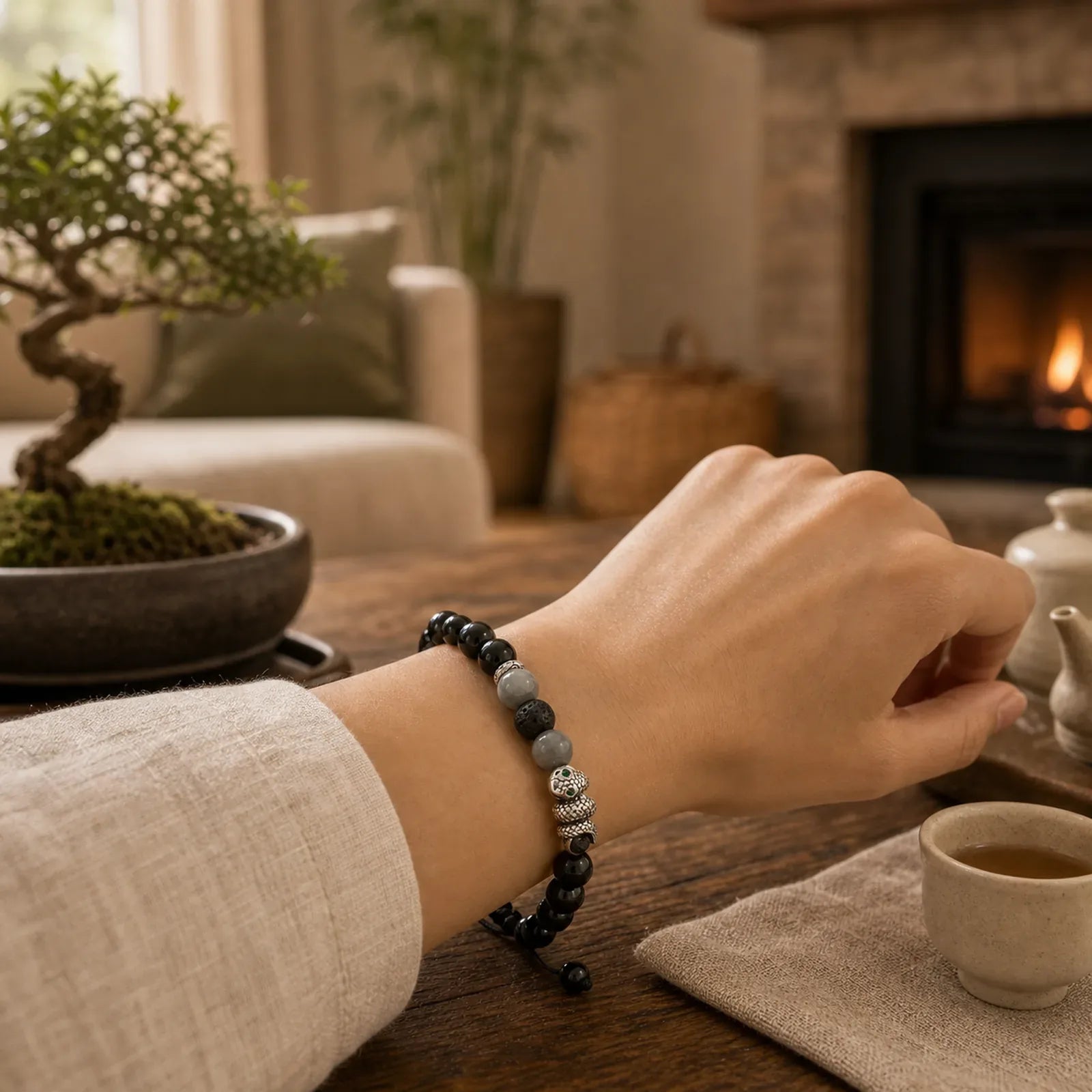 Black Onyx Black Glitter Stone White Agate White Turquoise Year Of The Snake Protection Bracelet featuring Black Onyx, Black Glitter Stone, White Agate