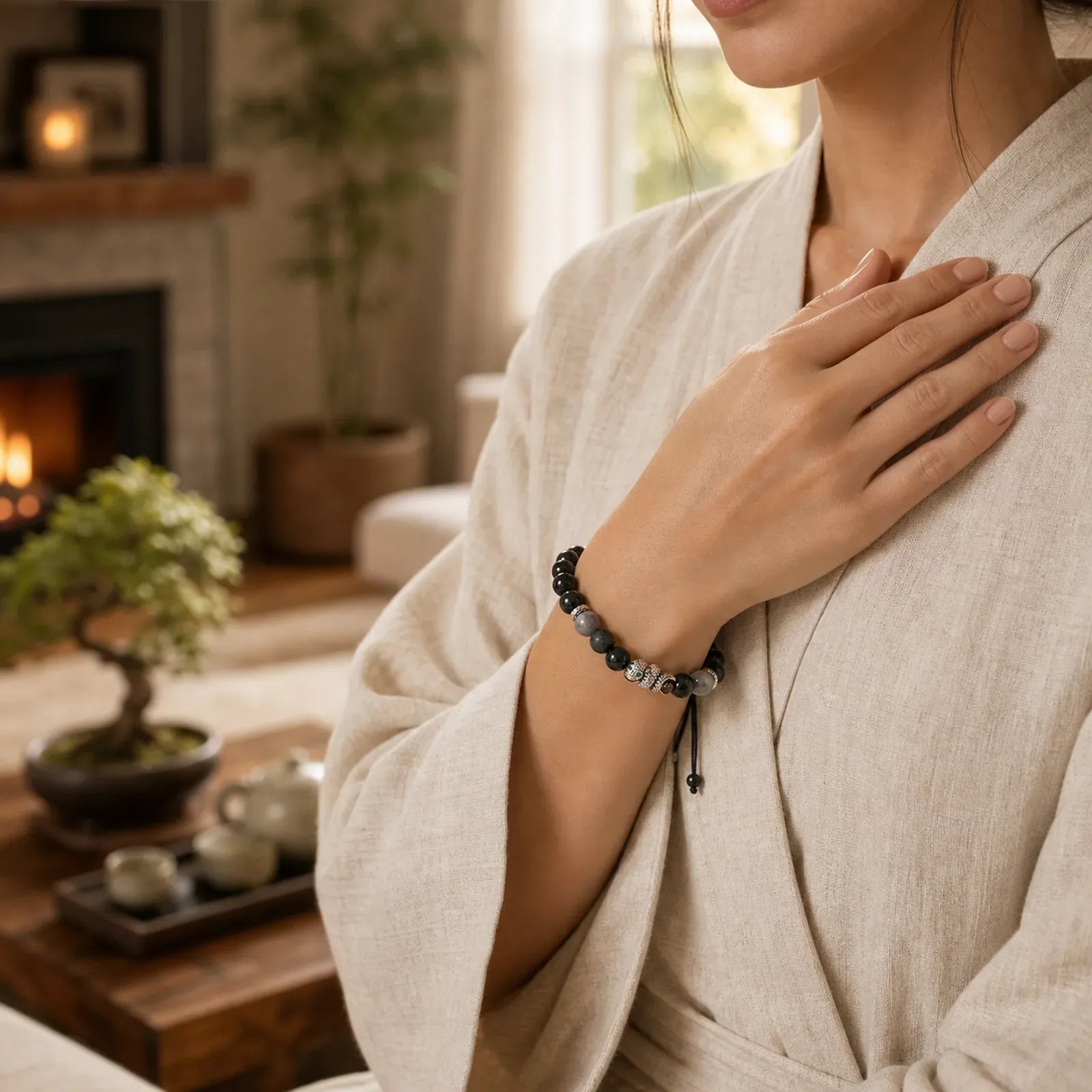 Black Onyx Black Glitter Stone White Agate White Turquoise Year Of The Snake Protection Bracelet featuring Black Onyx, Black Glitter Stone, White Agate