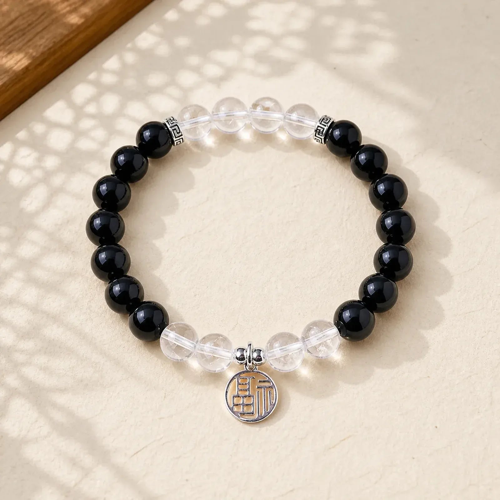Black Onyx Fu Character Beaded Luck Bracelet featuring Black Onyx, Fu Character, Clear Quartz / White Crystal