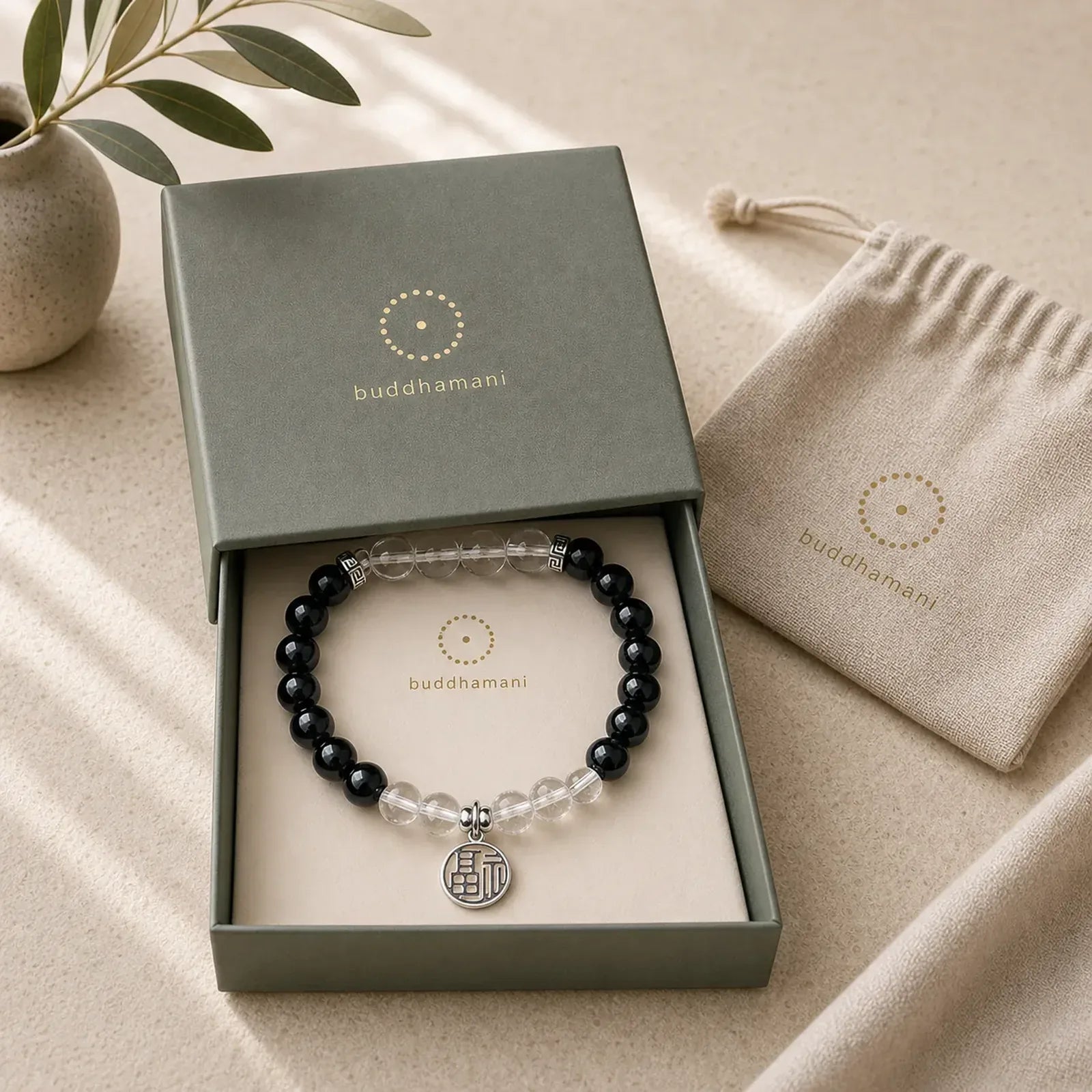 Black Onyx Fu Character Beaded Luck Bracelet featuring Black Onyx, Fu Character, Clear Quartz / White Crystal