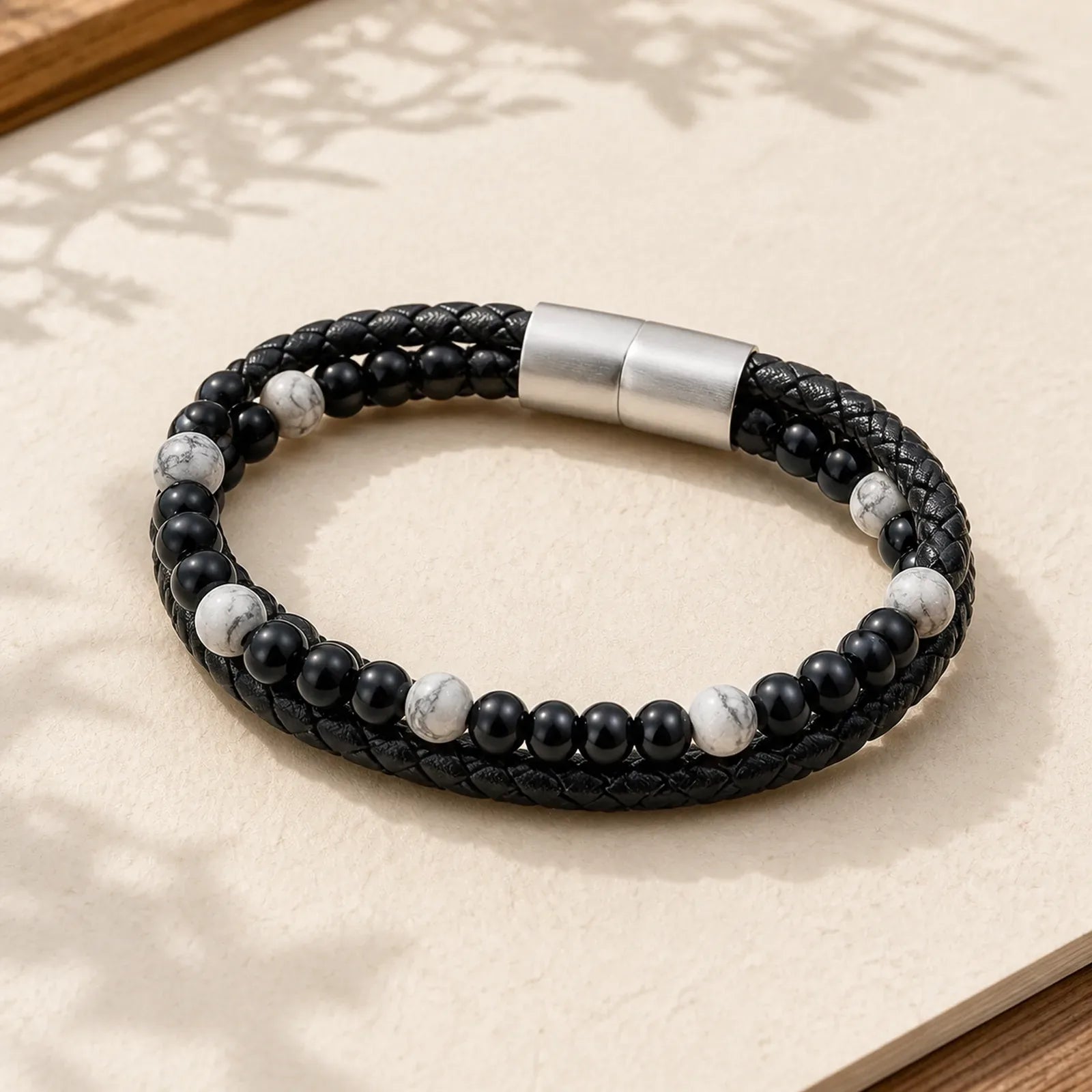 Black Onyx Grey Jasper Titanium Steel Stability Leather Bracelet featuring Black Onyx, Grey Jasper, Titanium Steel