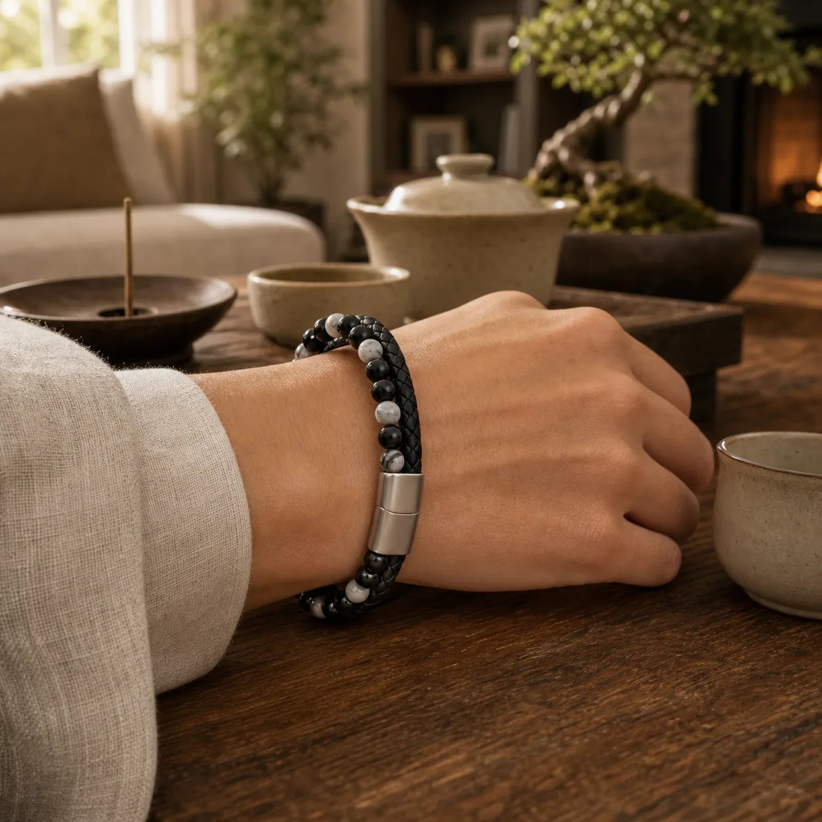 Black Onyx Grey Jasper Titanium Steel Stability Leather Bracelet featuring Black Onyx, Grey Jasper, Titanium Steel