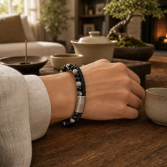Black Onyx Grey Jasper Titanium Steel Stability Leather Bracelet featuring Black Onyx, Grey Jasper, Titanium Steel