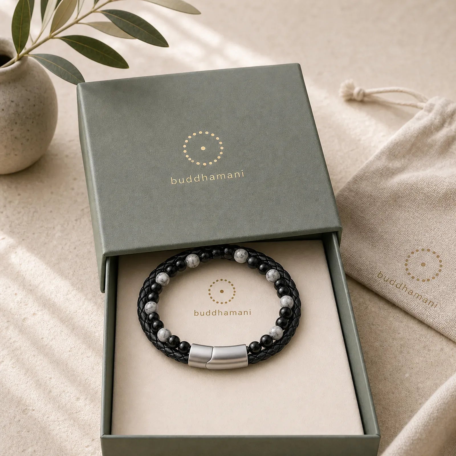 Black Onyx Grey Jasper Titanium Steel Stability Leather Bracelet featuring Black Onyx, Grey Jasper, Titanium Steel