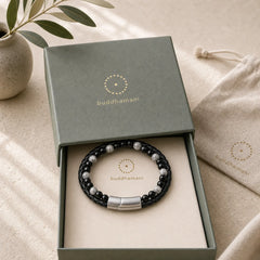 Black Onyx Grey Jasper Titanium Steel Stability Leather Bracelet featuring Black Onyx, Grey Jasper, Titanium Steel