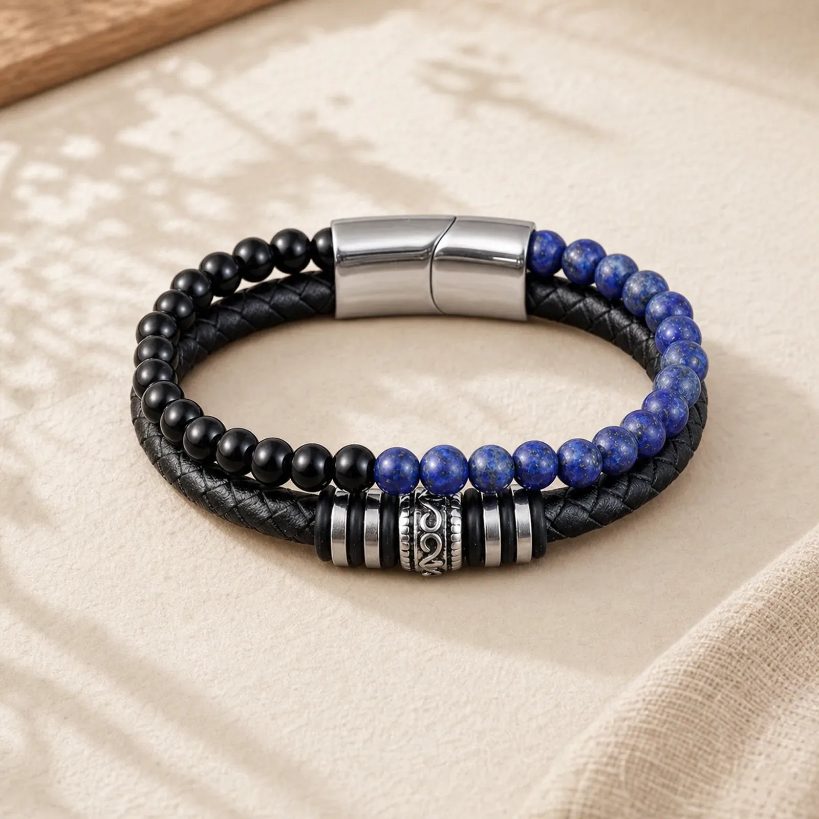 Black Onyx Lazurite Lapis Lazuli Titanium Steel Fortune Calm Leather Bracelet featuring Black Onyx, Lapis Lazuli (Lazurite), Titanium Steel