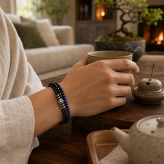 Black Onyx Lazurite Lapis Lazuli Titanium Steel Fortune Calm Leather Bracelet featuring Black Onyx, Lapis Lazuli (Lazurite), Titanium Steel