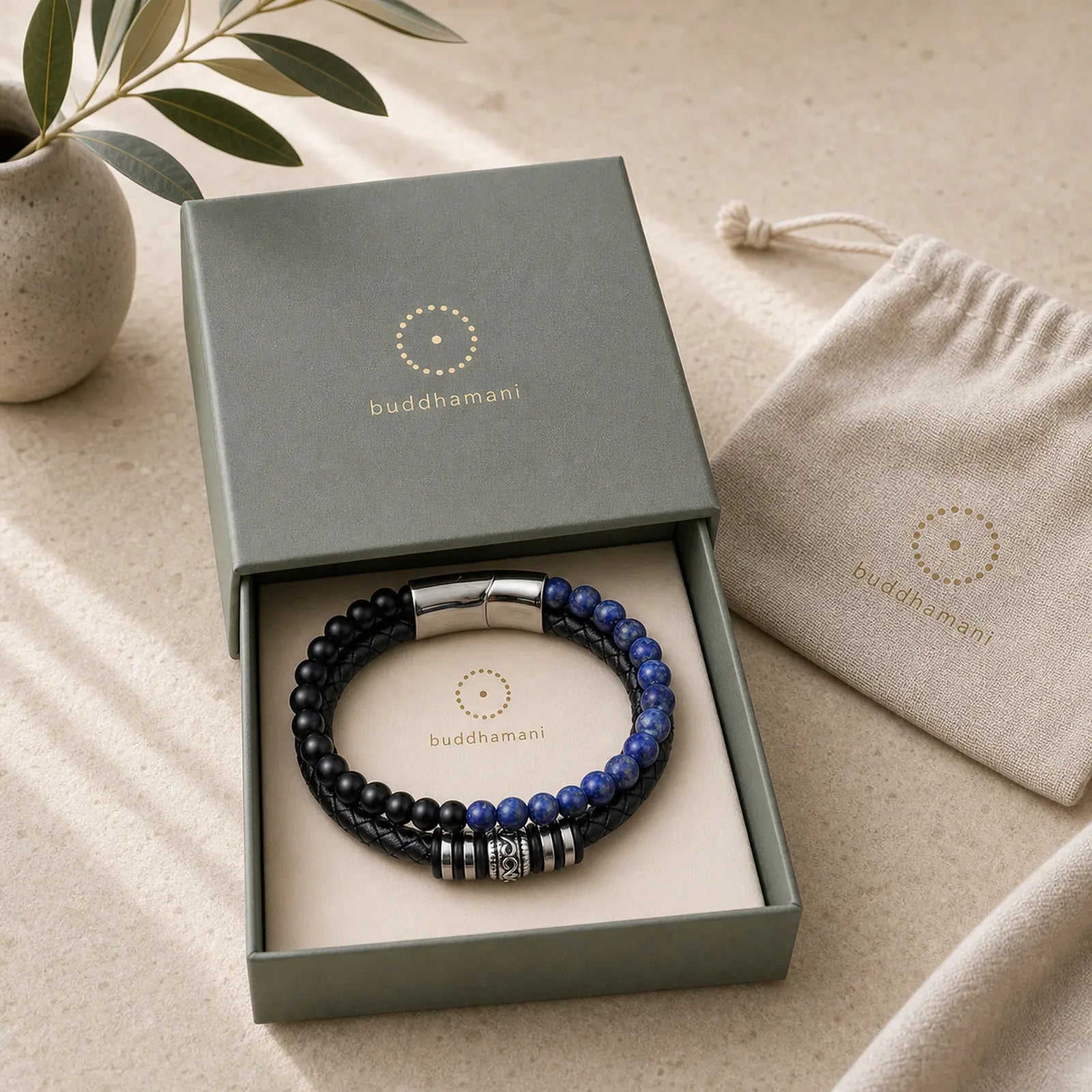 Black Onyx Lazurite Lapis Lazuli Titanium Steel Fortune Calm Leather Bracelet featuring Black Onyx, Lapis Lazuli (Lazurite), Titanium Steel
