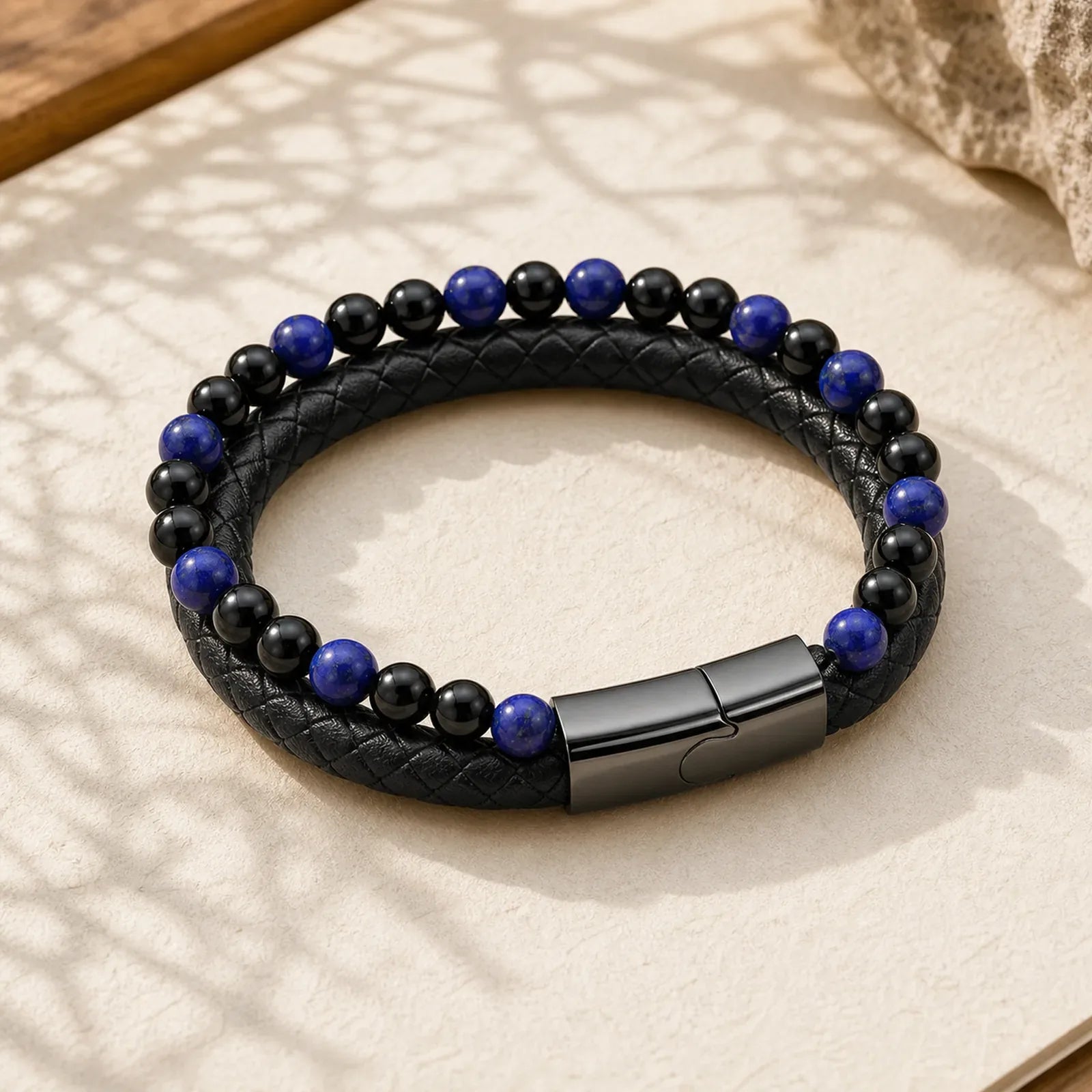 Black Onyx Lazurite Lapis Lazuli Titanium Steel Positive Self Care Leather Bracelet featuring Black Onyx, Lapis Lazuli (Lazurite), Titanium Steel