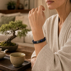 Black Onyx Lazurite Lapis Lazuli Titanium Steel Positive Self Care Leather Bracelet featuring Black Onyx, Lapis Lazuli (Lazurite), Titanium Steel