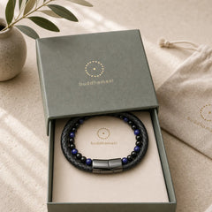 Black Onyx Lazurite Lapis Lazuli Titanium Steel Positive Self Care Leather Bracelet featuring Black Onyx, Lapis Lazuli (Lazurite), Titanium Steel