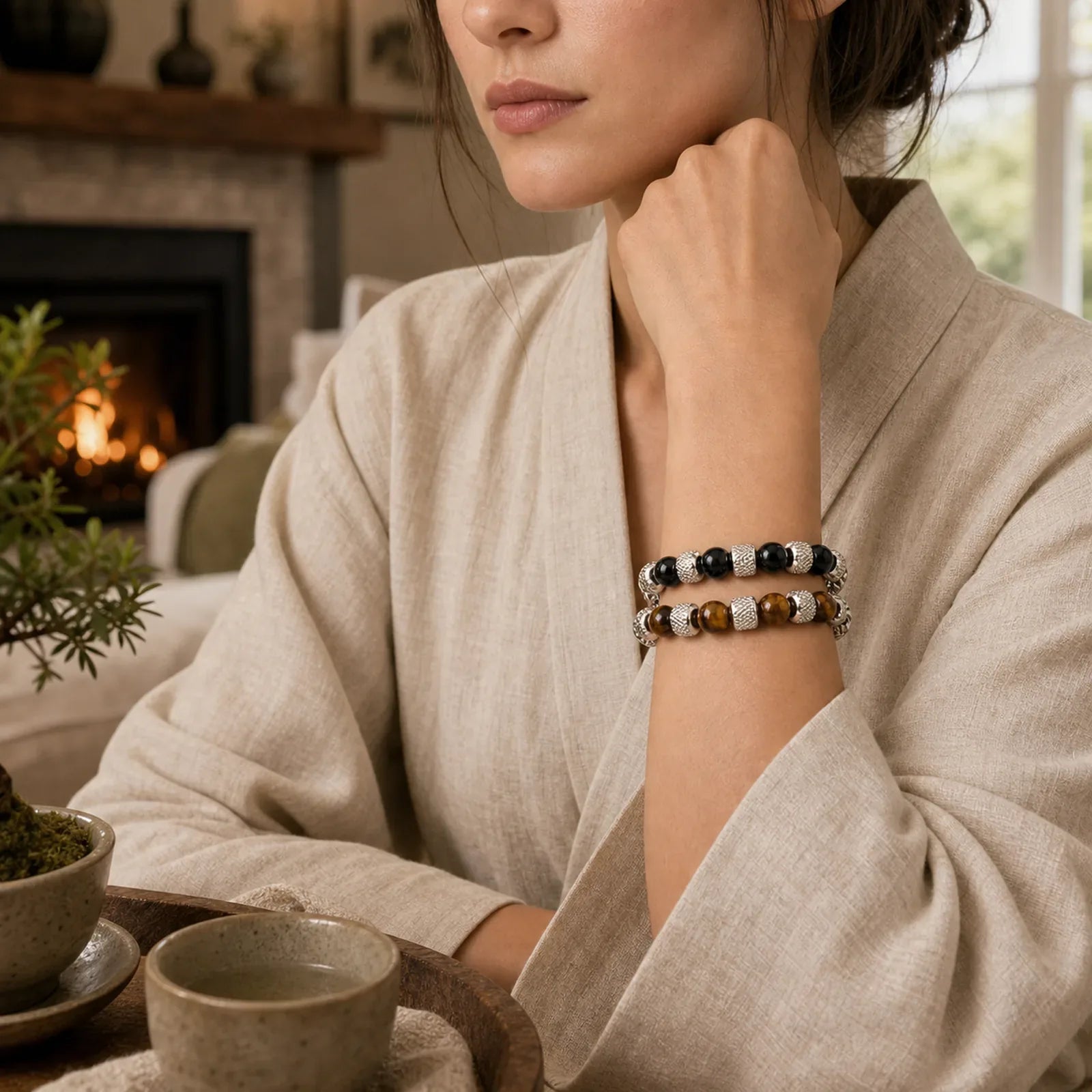 Black Onyx Tiger Eye Bead Courage Bracelet featuring Black Onyx, Tiger Eye, Copper