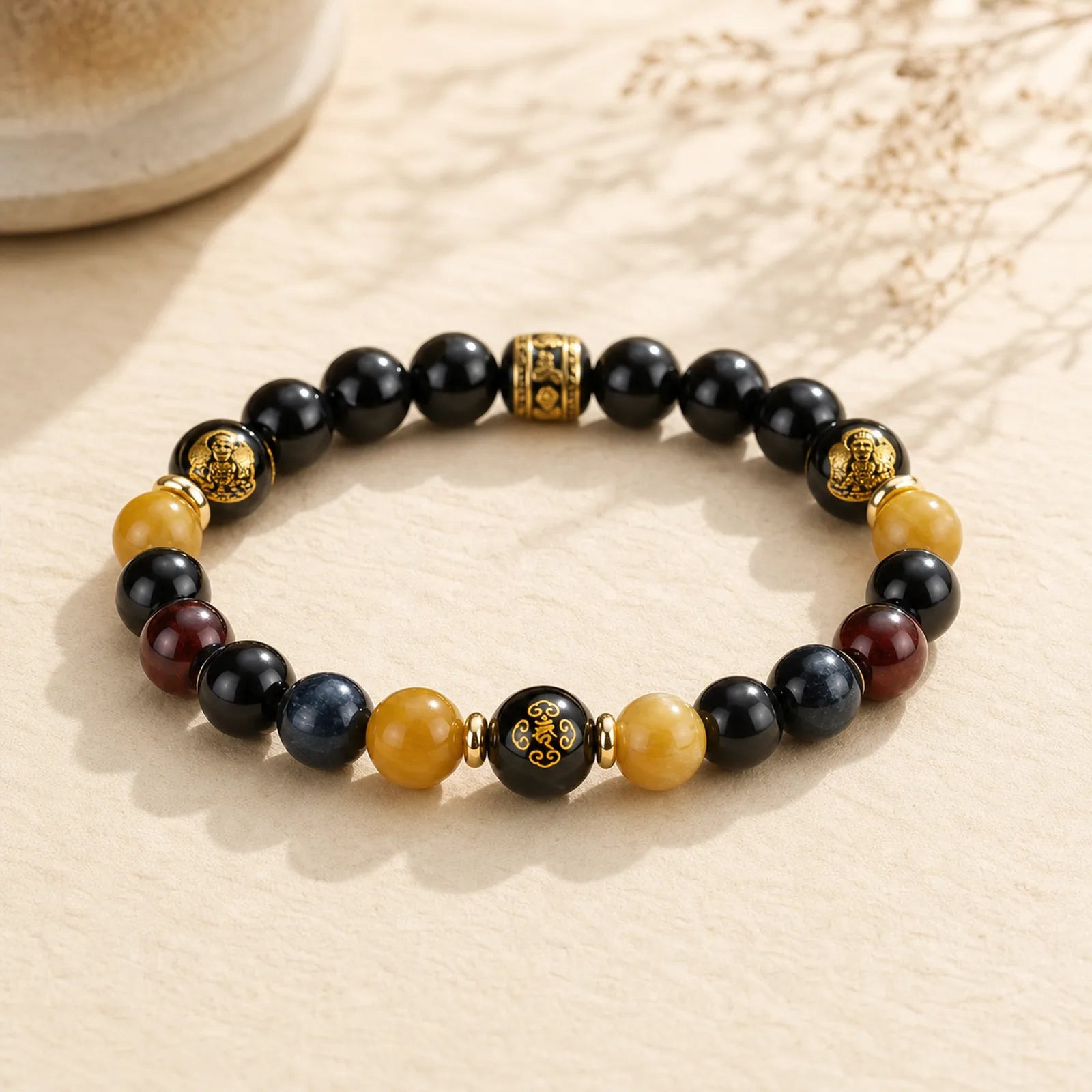 Black Onyx Tiger Eye Om Mani Padme Hum Chinese Zodiac Natal Buddha Support Bracelet featuring Black Onyx, Tiger Eye, Om Mani Padme Hum