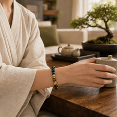 Black Onyx Tiger Eye Om Mani Padme Hum Chinese Zodiac Natal Buddha Support Bracelet featuring Black Onyx, Tiger Eye, Om Mani Padme Hum