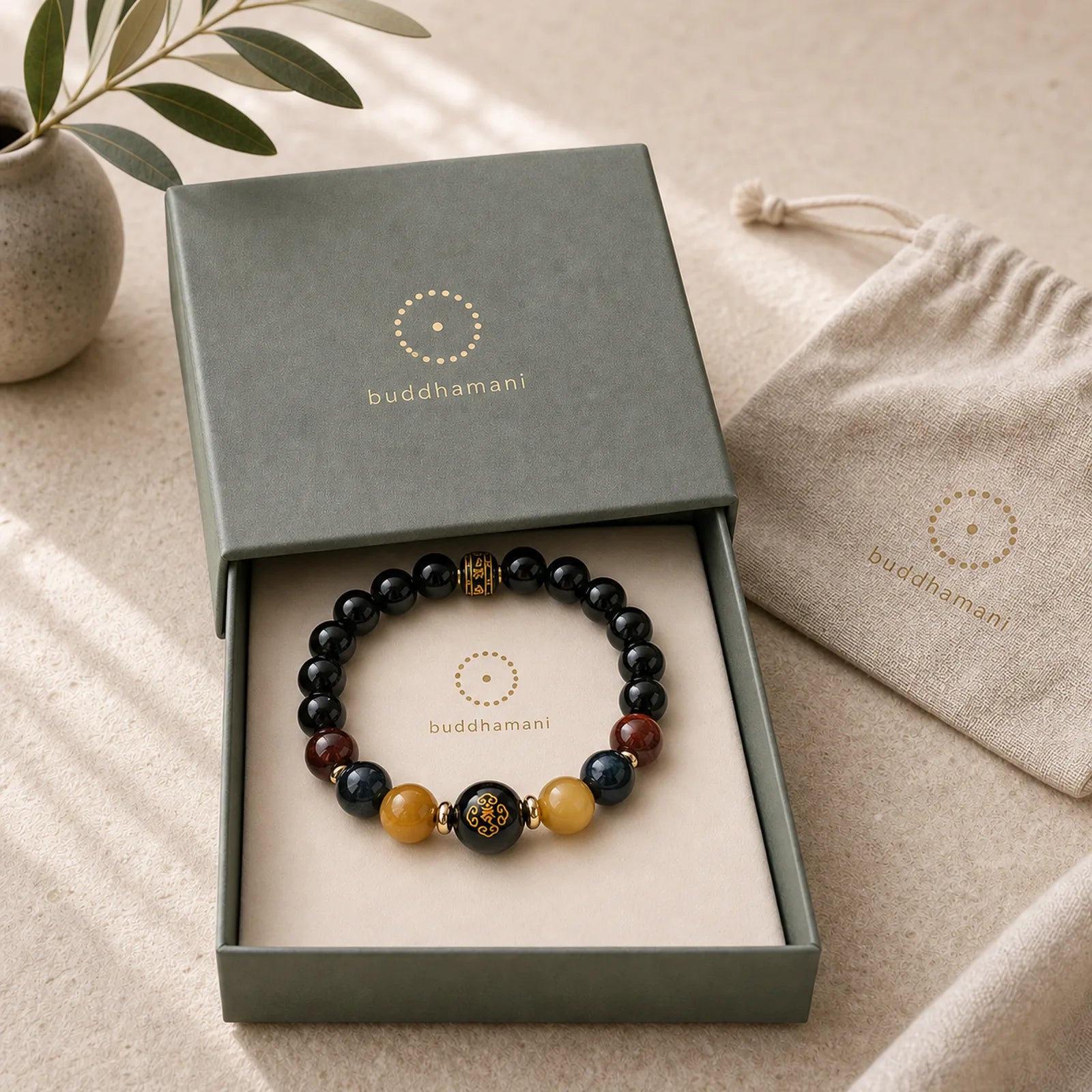 Black Onyx Tiger Eye Om Mani Padme Hum Chinese Zodiac Natal Buddha Support Bracelet featuring Black Onyx, Tiger Eye, Om Mani Padme Hum