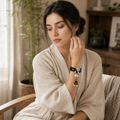 Black Onyx White Crystal Bead Meditation Bracelet featuring Black Onyx, Clear Quartz / White Crystal
