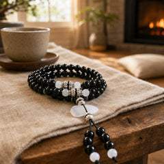 Black Onyx White Crystal Bead Meditation Bracelet featuring Black Onyx, Clear Quartz / White Crystal