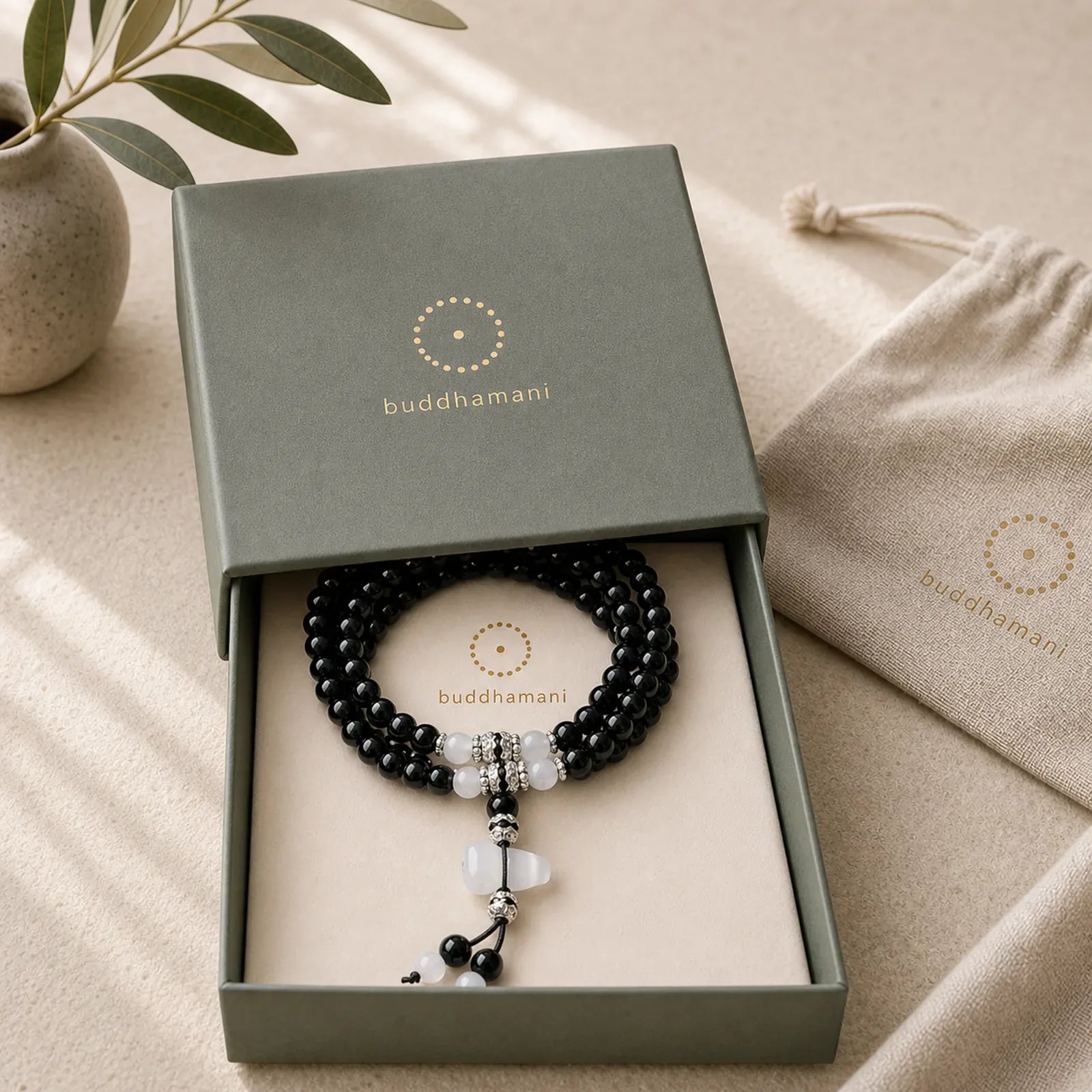 Black Onyx White Crystal Bead Meditation Bracelet featuring Black Onyx, Clear Quartz / White Crystal