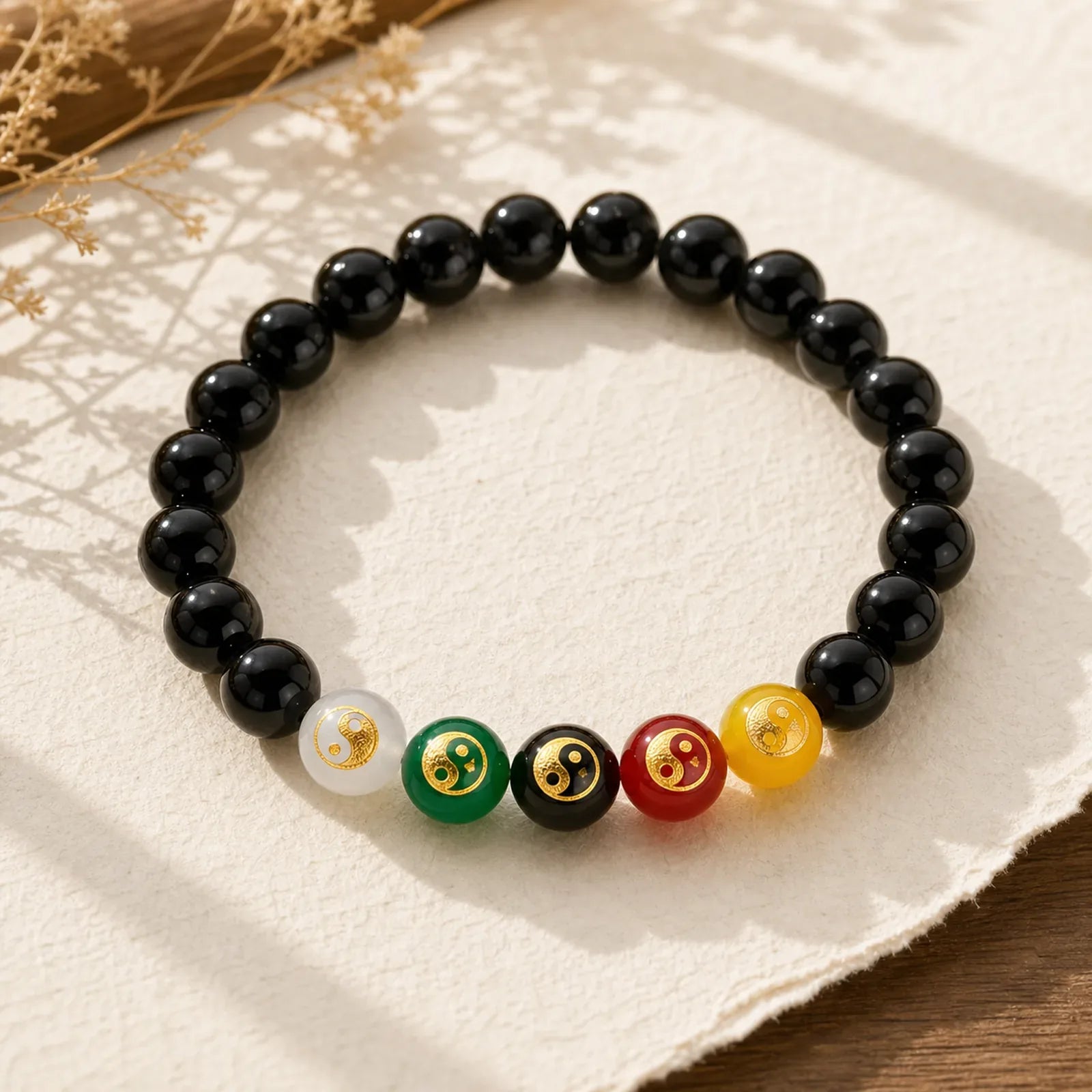 Black Onyx Yin Yang Purity Hand-Polished Round Bead Bracelet featuring Black Onyx, White Agate, White Stone