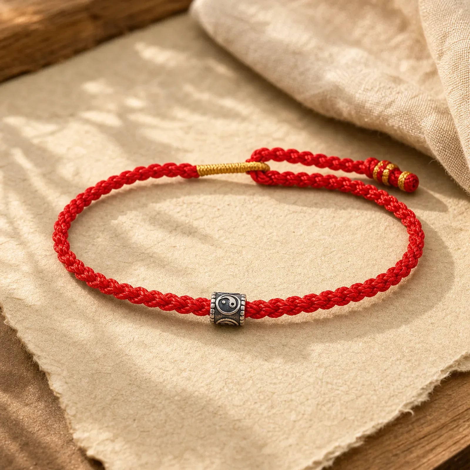 Black Red String Yin Yang Protection Hand-Woven Minimalist Bracelet featuring Red String, Yin Yang Symbol, Silver
