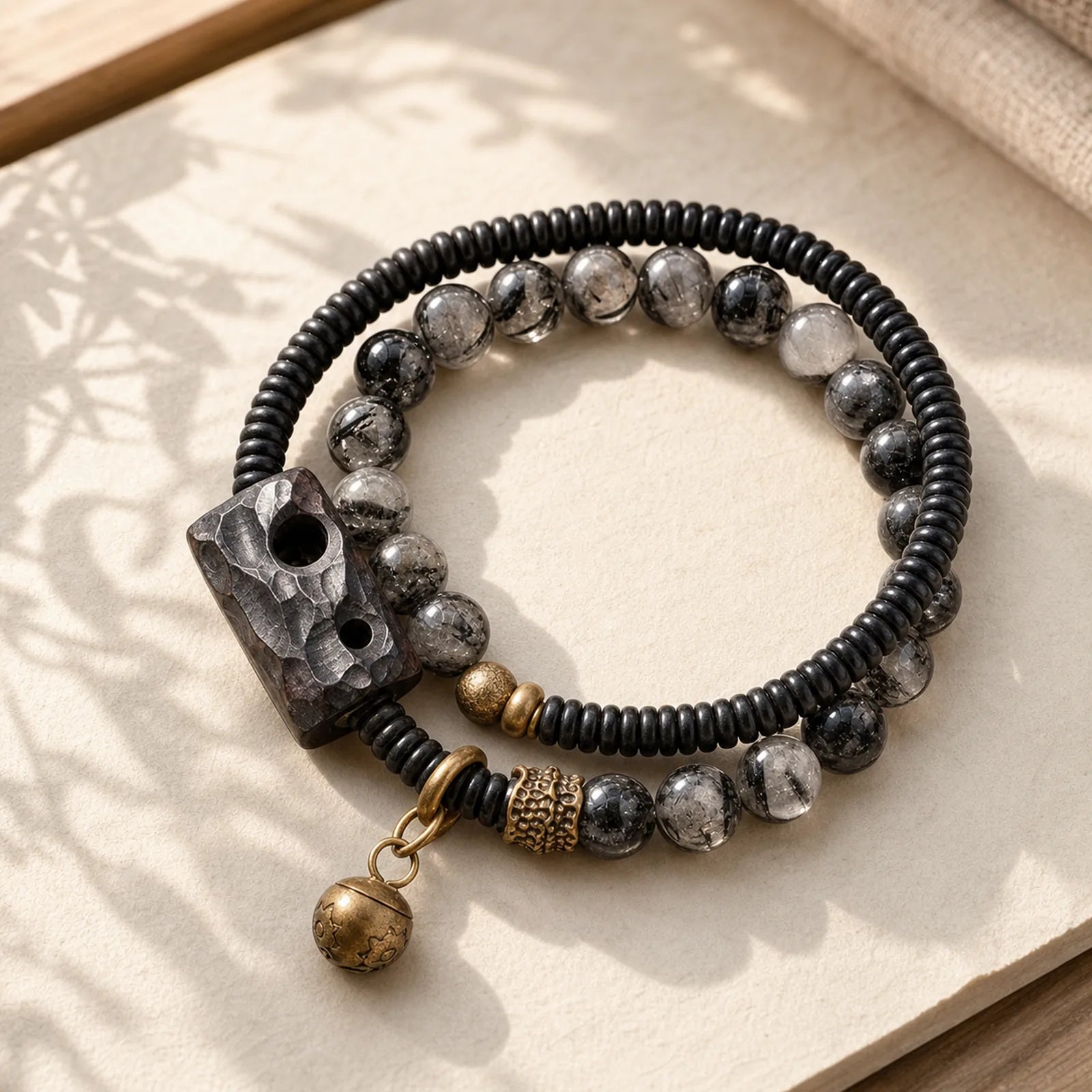 Black Rutilated Quartz Ebony Wood Copper Wisdom Couple Bracelet featuring Black Rutilated Quartz, Rutilated Quartz, Ebony Wood