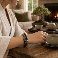 Black Rutilated Quartz Ebony Wood Copper Wisdom Couple Bracelet featuring Black Rutilated Quartz, Rutilated Quartz, Ebony Wood