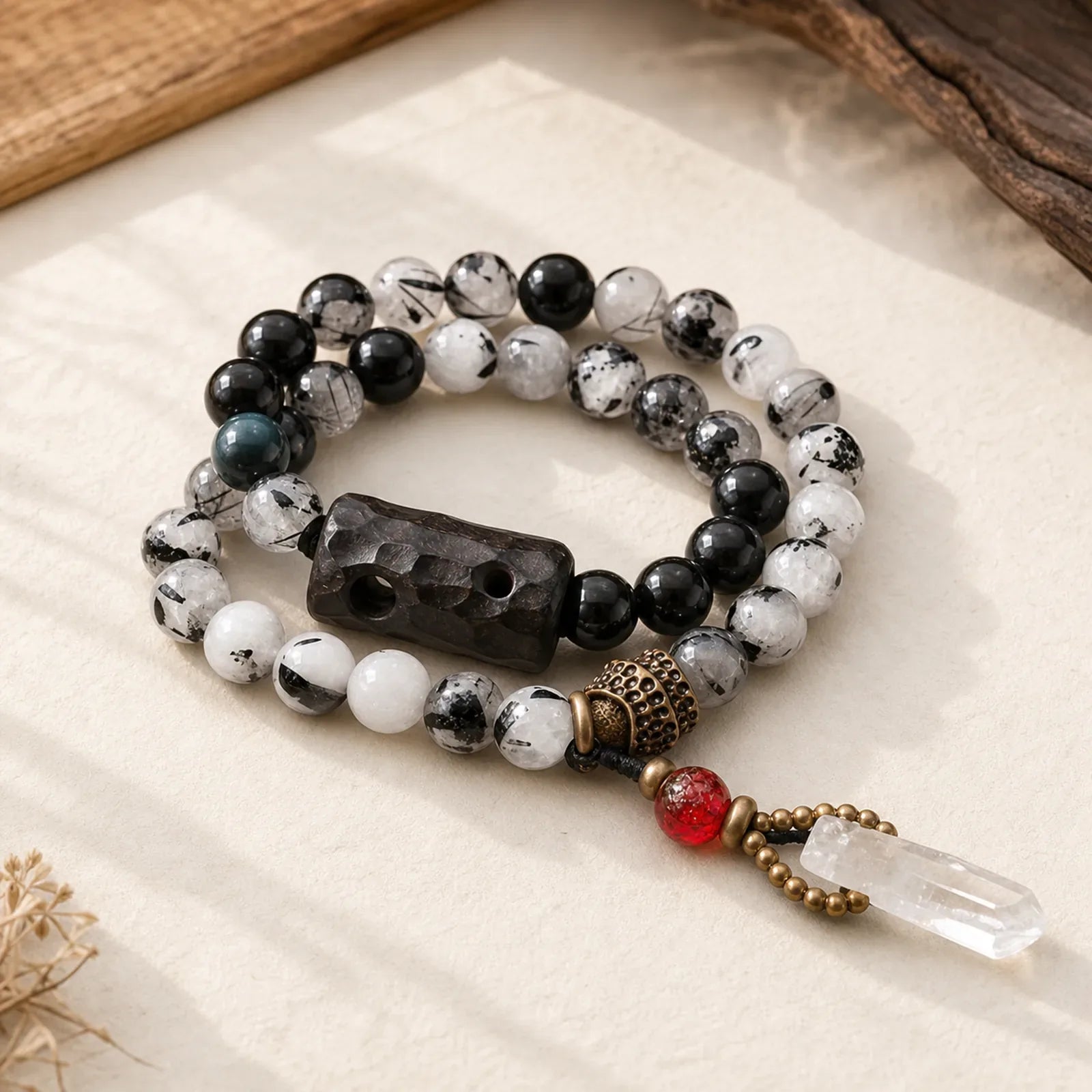 Black Rutilated Quartz Ebony Wood White Crystal Success Couple Bracelet featuring Black Rutilated Quartz, Rutilated Quartz, Ebony Wood