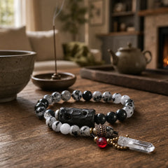 Black Rutilated Quartz Ebony Wood White Crystal Success Couple Bracelet featuring Black Rutilated Quartz, Rutilated Quartz, Ebony Wood