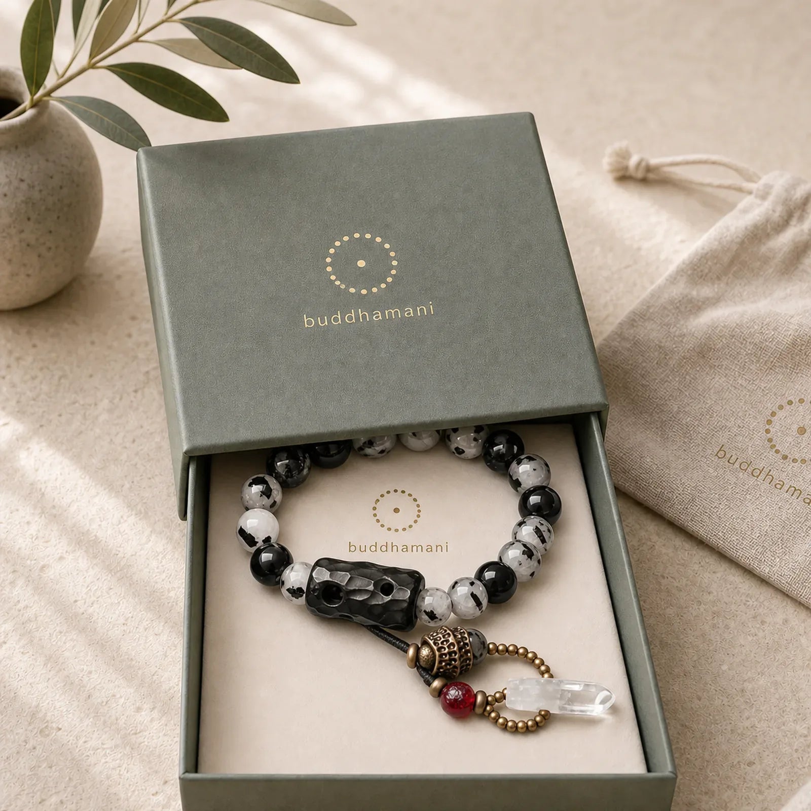 Black Rutilated Quartz Ebony Wood White Crystal Success Couple Bracelet featuring Black Rutilated Quartz, Rutilated Quartz, Ebony Wood