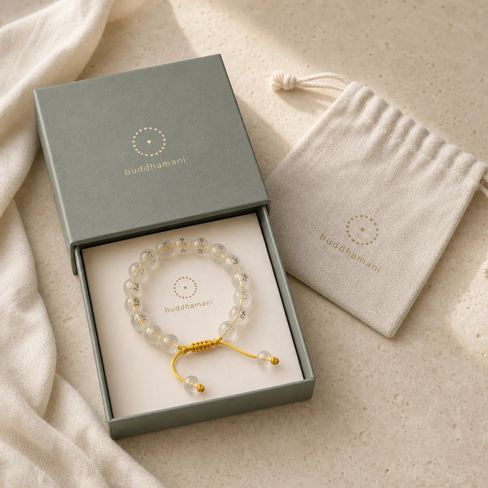 "Blessings of Light and Protection" White Crystal Bracelet Includes Gift Message Card featuring Clear Quartz / White Crystal, Om, Om Mani Padme Hum