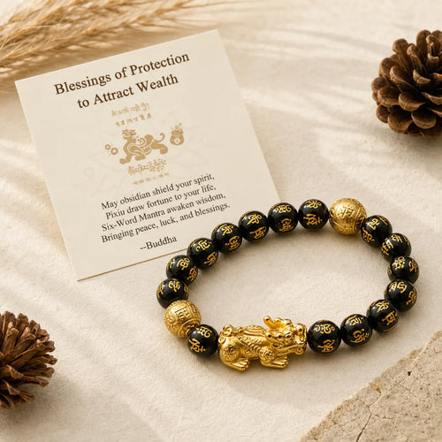 "Blessings of Protection to Attract Wealth" PiXiu Bracelet Includes Gift Message Card featuring Pixiu, Om, Obsidian