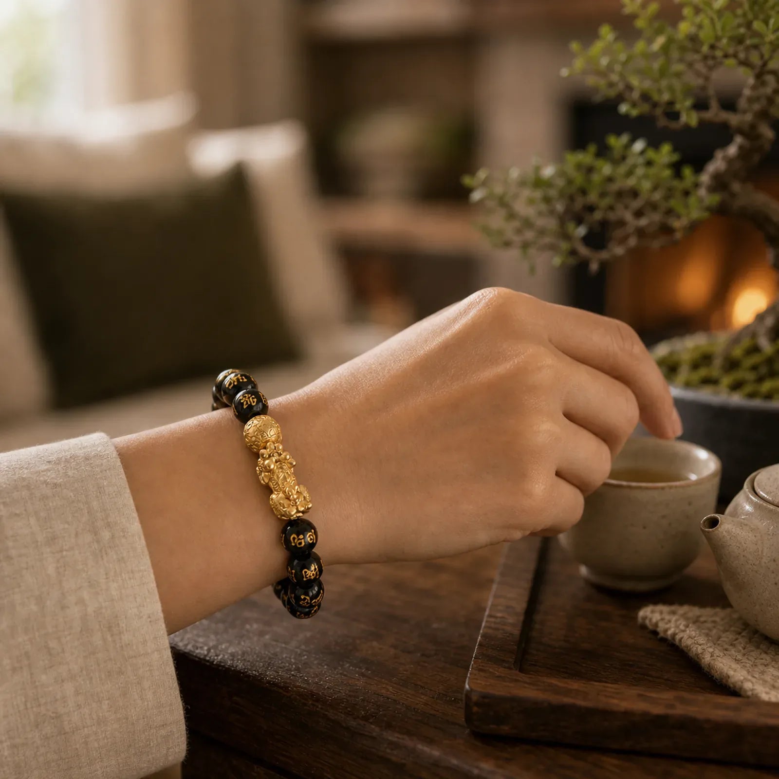 "Blessings of Protection to Attract Wealth" PiXiu Bracelet Includes Gift Message Card featuring Pixiu, Om, Obsidian