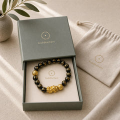 "Blessings of Protection to Attract Wealth" PiXiu Bracelet Includes Gift Message Card featuring Pixiu, Om, Obsidian