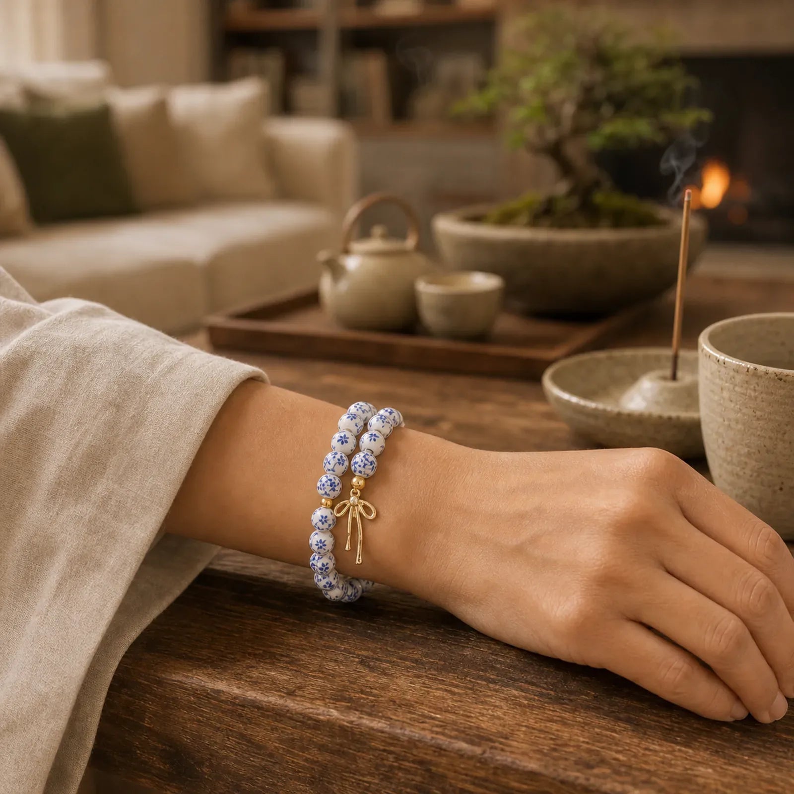 Blue And White Pink Porcelain Beaded Bowknot Beaded Inner Peace Bracelet featuring White Porcelain