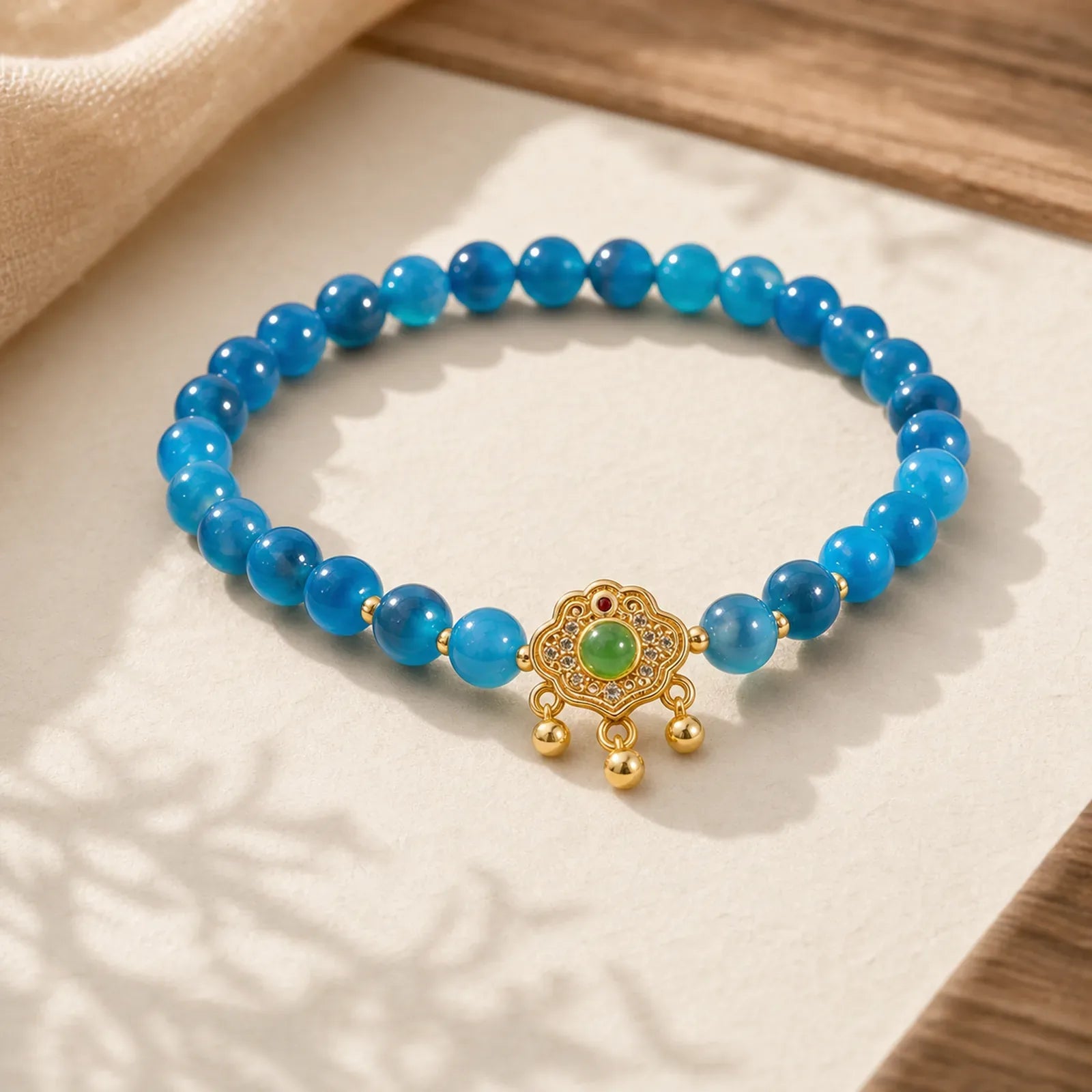 Blue Candy Agate Chinese Lock Charm Healing Bracelet featuring Candy Agate, Green Crystal, Copper